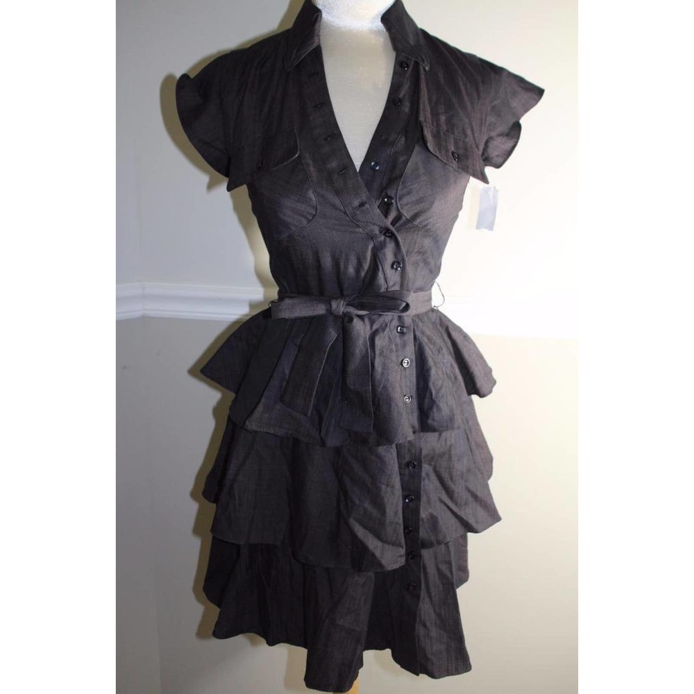 Linda Loudermilk brown button down ruffle wrap dress size 4